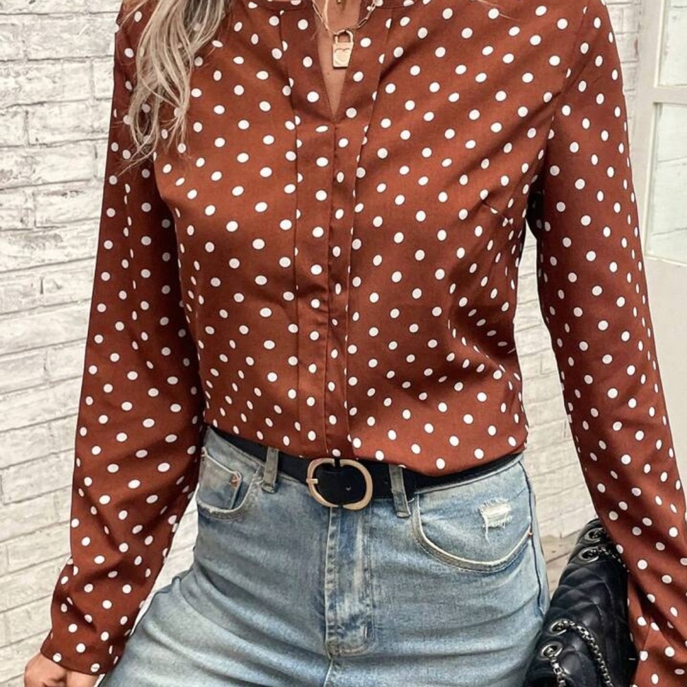 SHEIN Brown and White Polka Dot Blouse